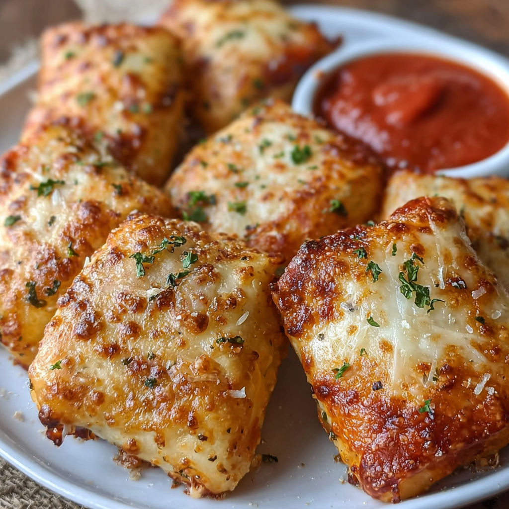 Air fryer pizza rolls on a white plate.