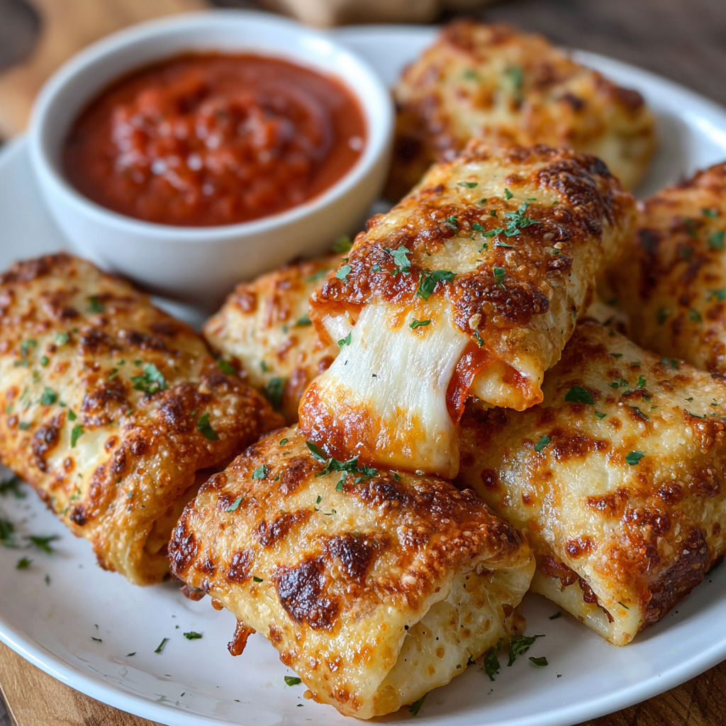 Air fryer pizza rolls with marinara sauce.
