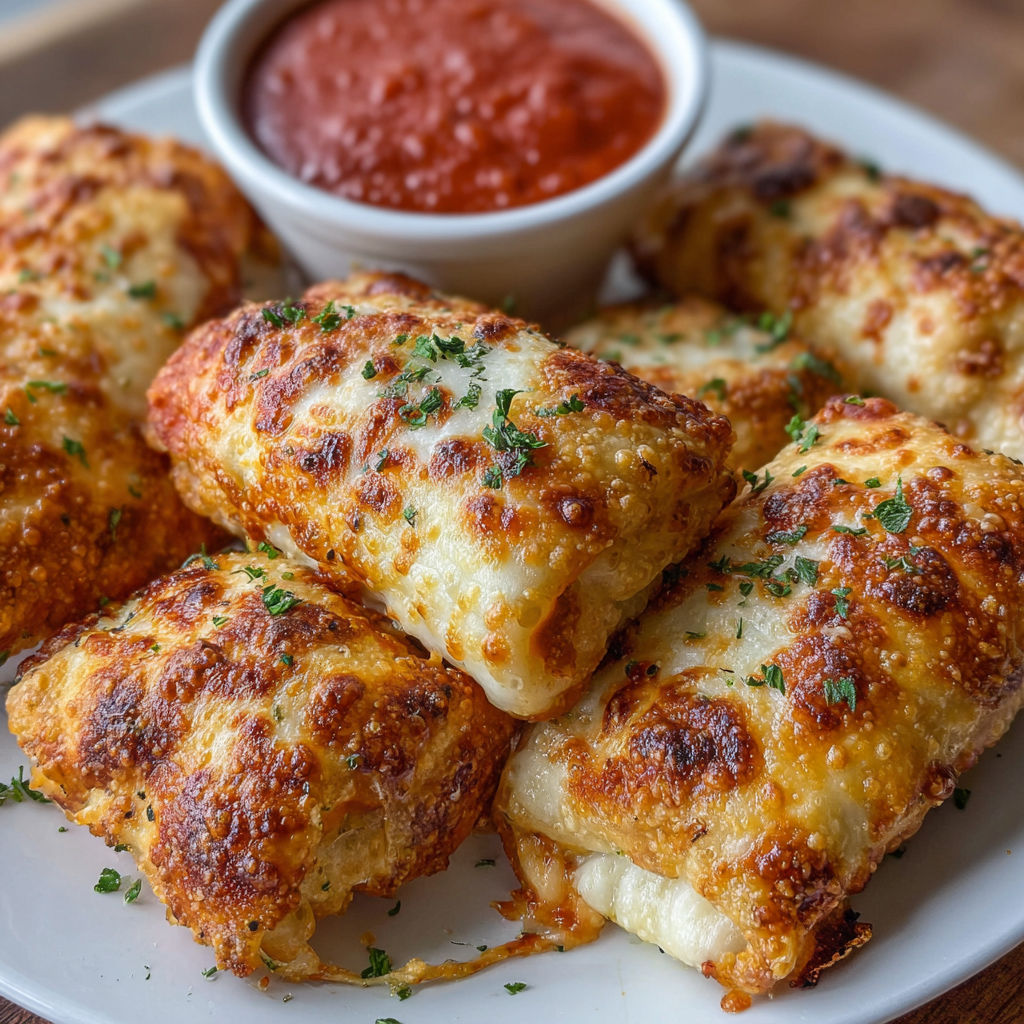 Air fryer pizza rolls with marinara sauce.