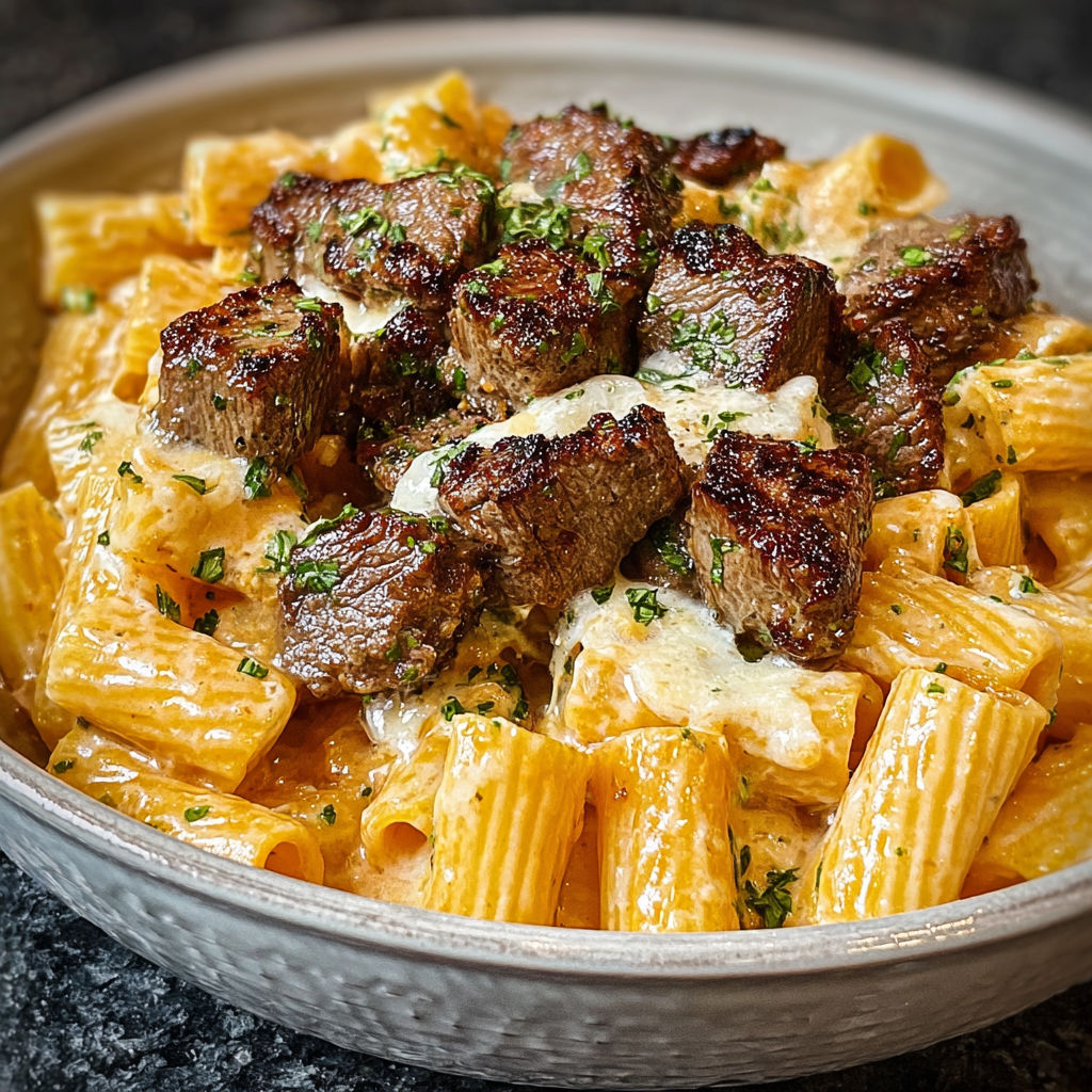 A bowl of Cajun Steak Tips in Cheesy Rigatoni Parmesan Sauce.
