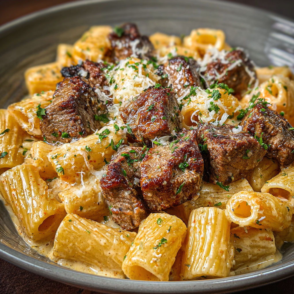 A bowl of pasta with meat and cheese.