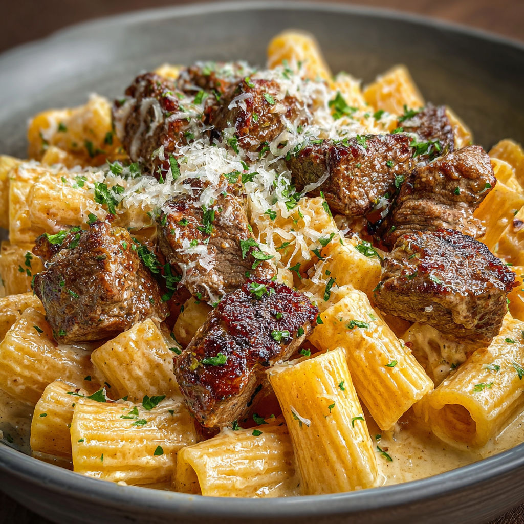 A bowl of pasta with meat and cheese.