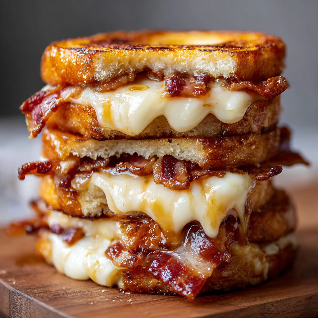 A stack of three sandwiches with bacon and cheese.