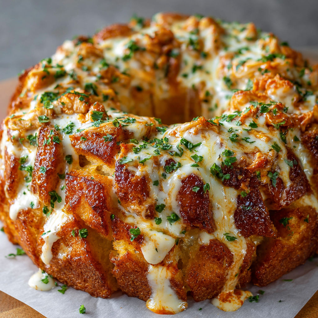 A close up of a chicken Alfredo monkey bread.