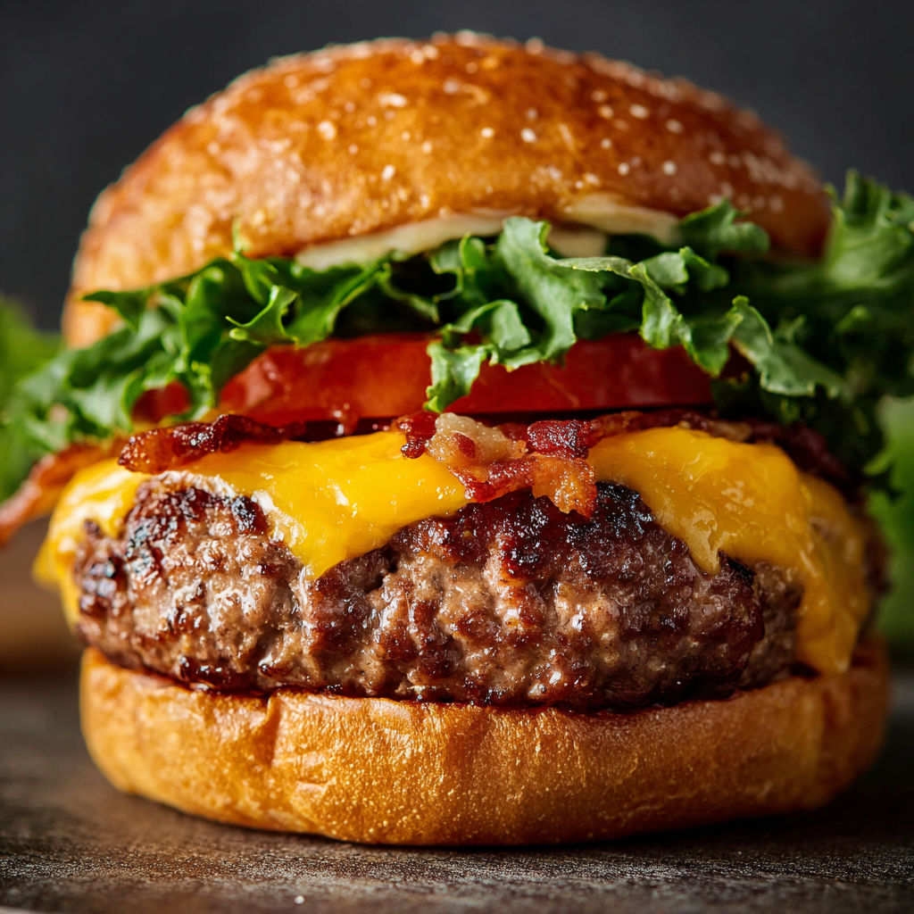 A close up of a hamburger with lettuce, tomato, and bacon.
