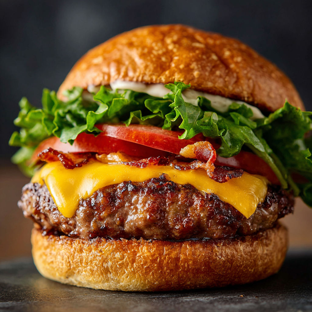 A close up of a burger with lettuce, tomato, and bacon.