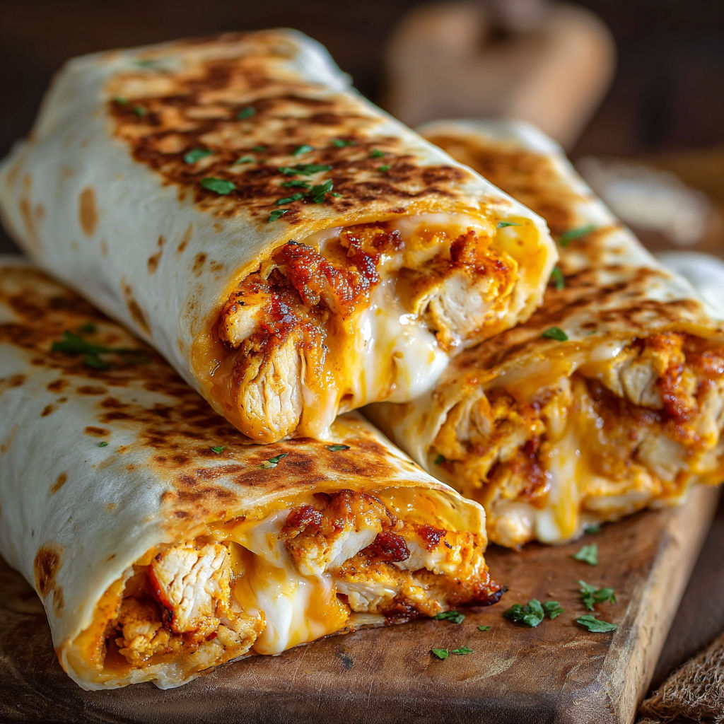 Two Crispy Air Fryer Hot Chicken And Cheese Wraps.