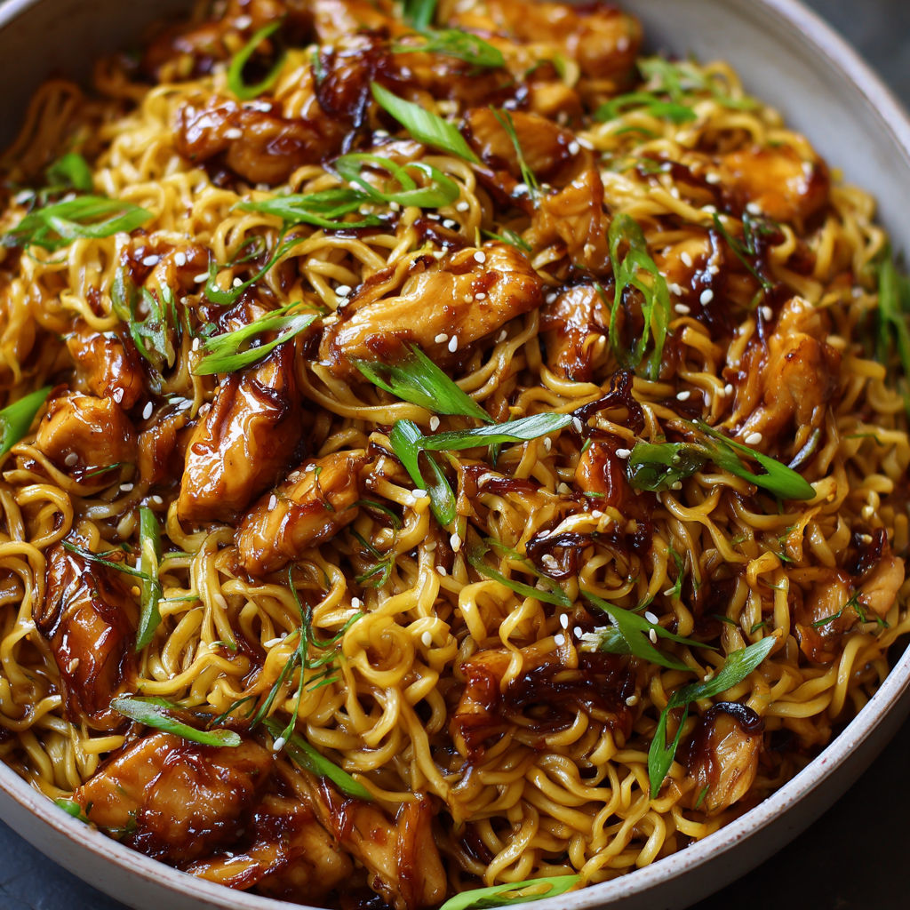 A bowl of noodles with chicken and vegetables.