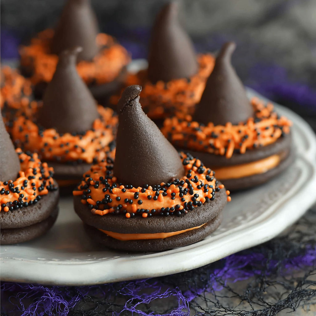 Halloween witch hat cookies made with Oreos.
