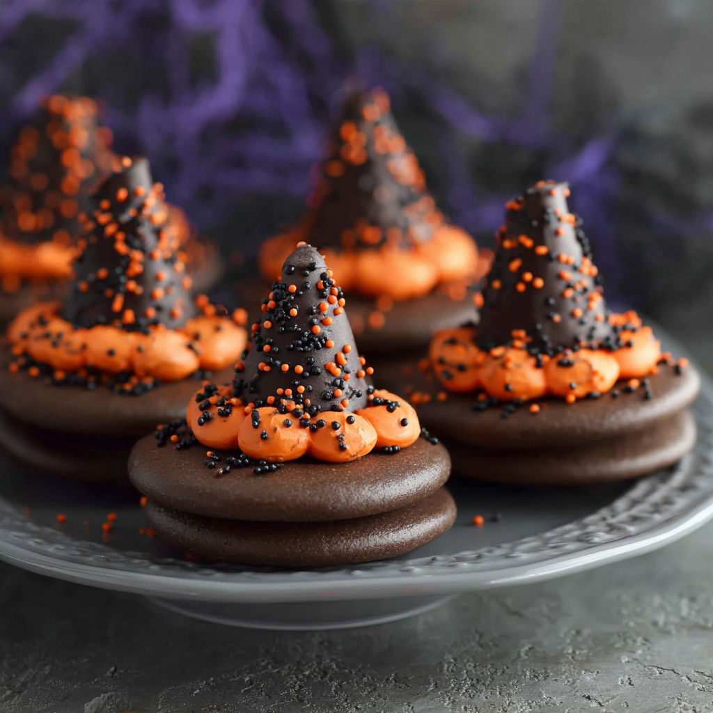 Halloween witch hat cookies made with Oreos.