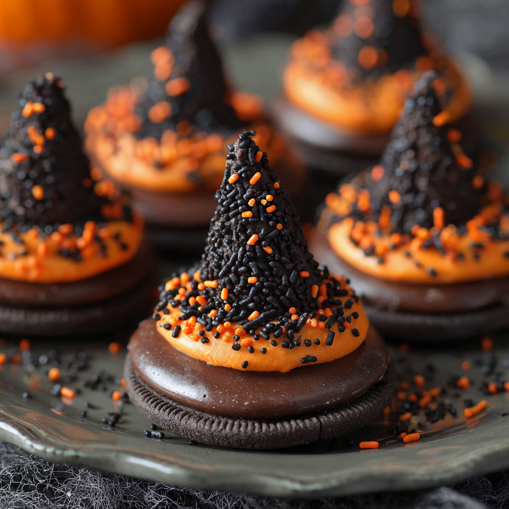 Halloween witch hat cookies made with Oreos.