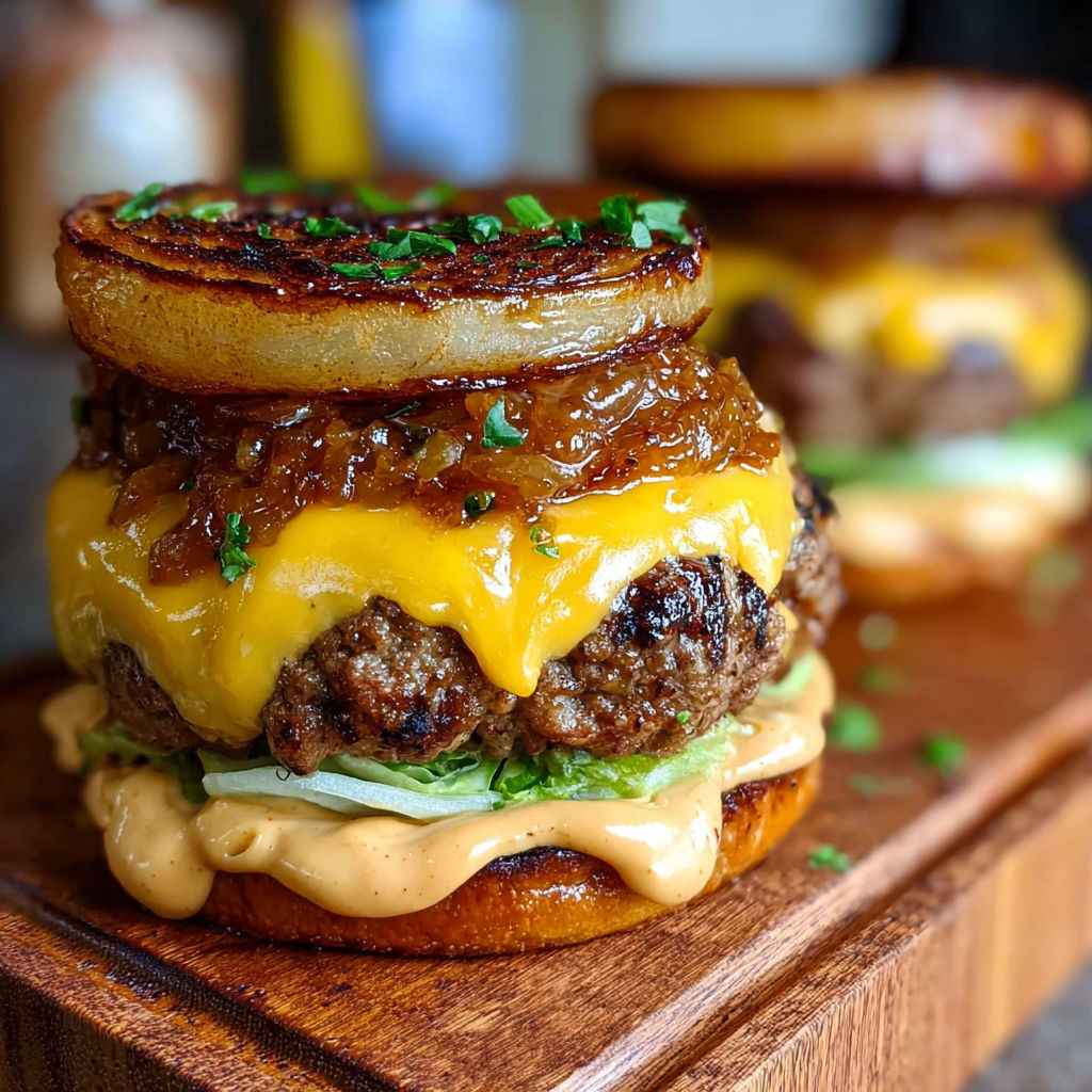 A burger with cheese and onions on top.