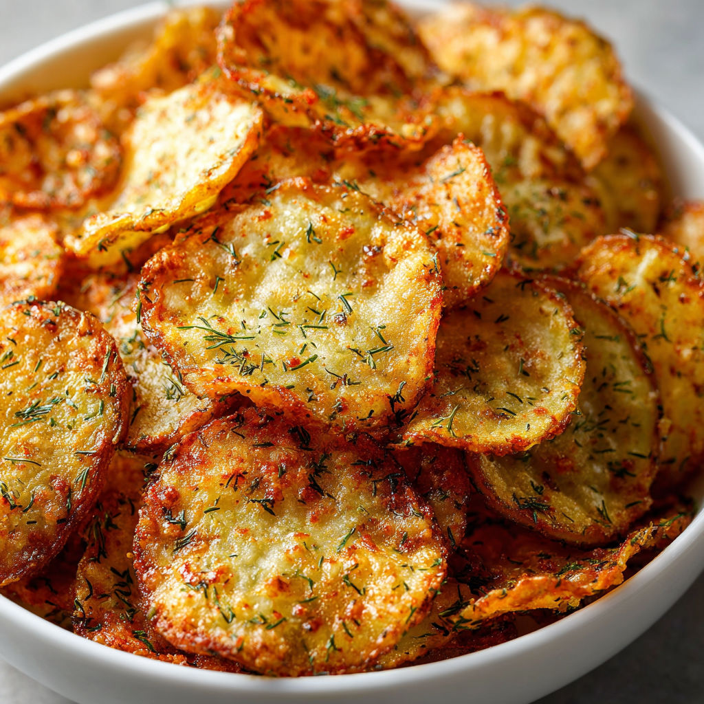 A bowl of spicy dill pickle chips.