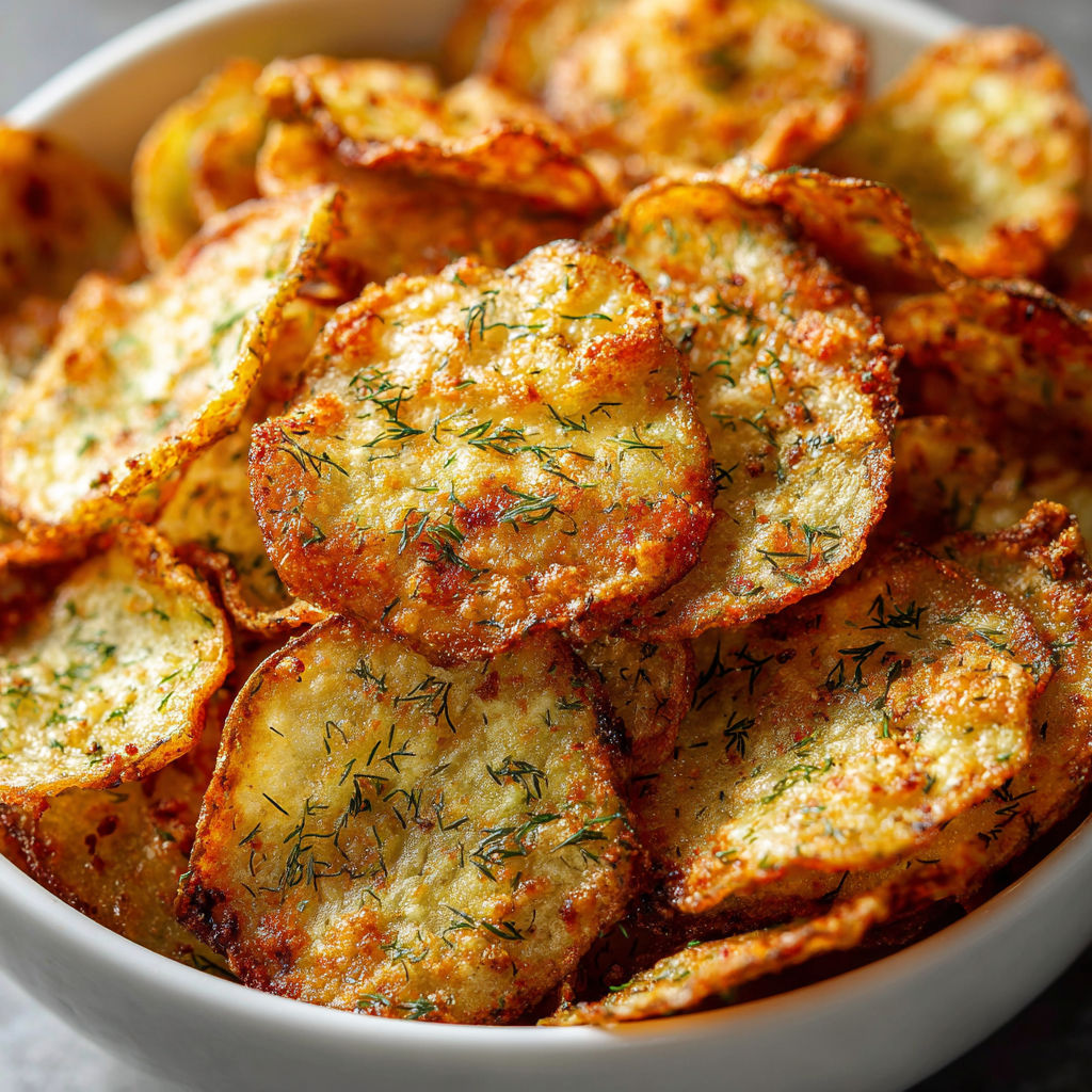 A bowl of spicy dill pickle chips.
