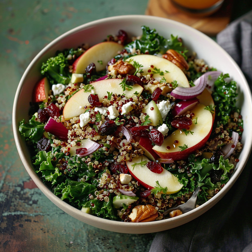 A bowl of salad with apples, onions, and greens.