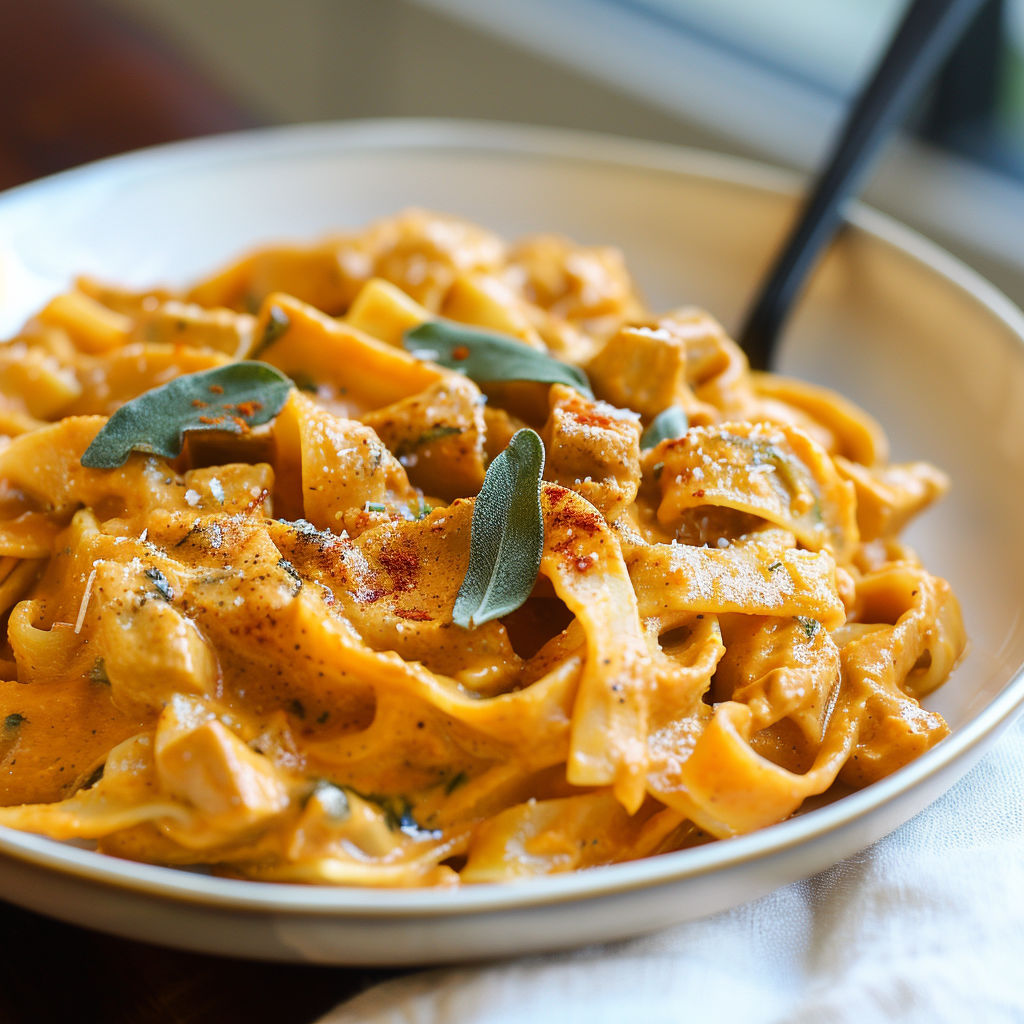 A bowl of pasta with a pumpkin sauce.