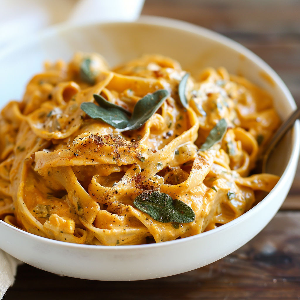 A bowl of pasta with pumpkin sauce.