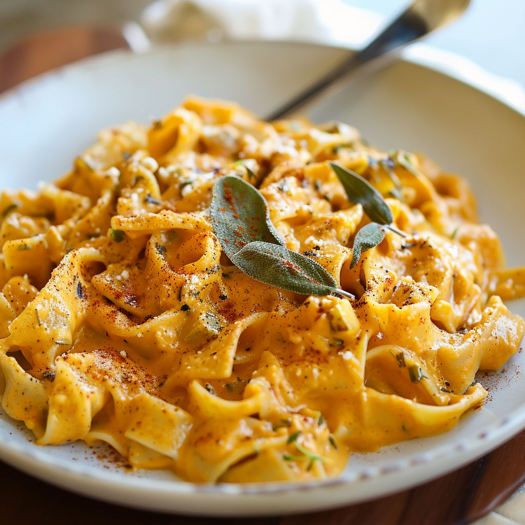 A plate of pasta with a pumpkin sauce.