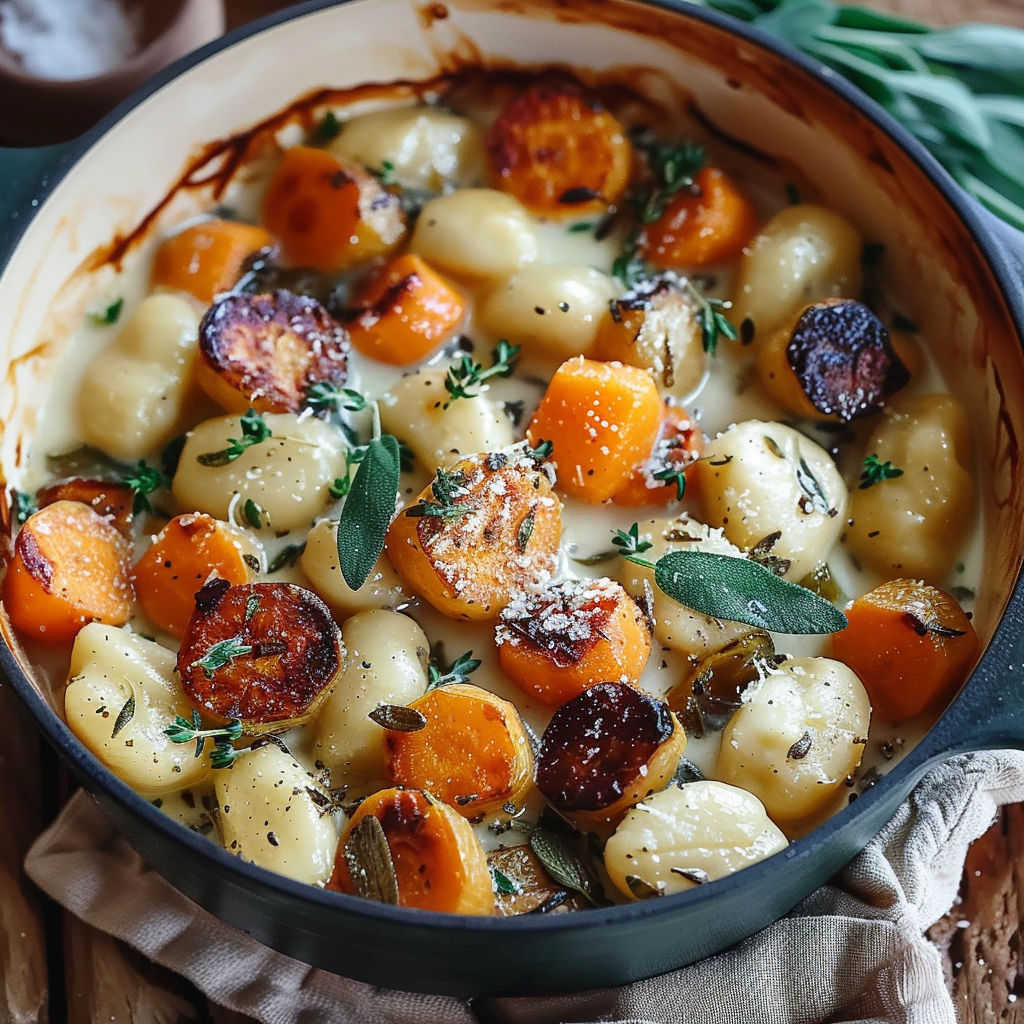 A bowl of gnocchi and winter vegetables with sage cream sauce.