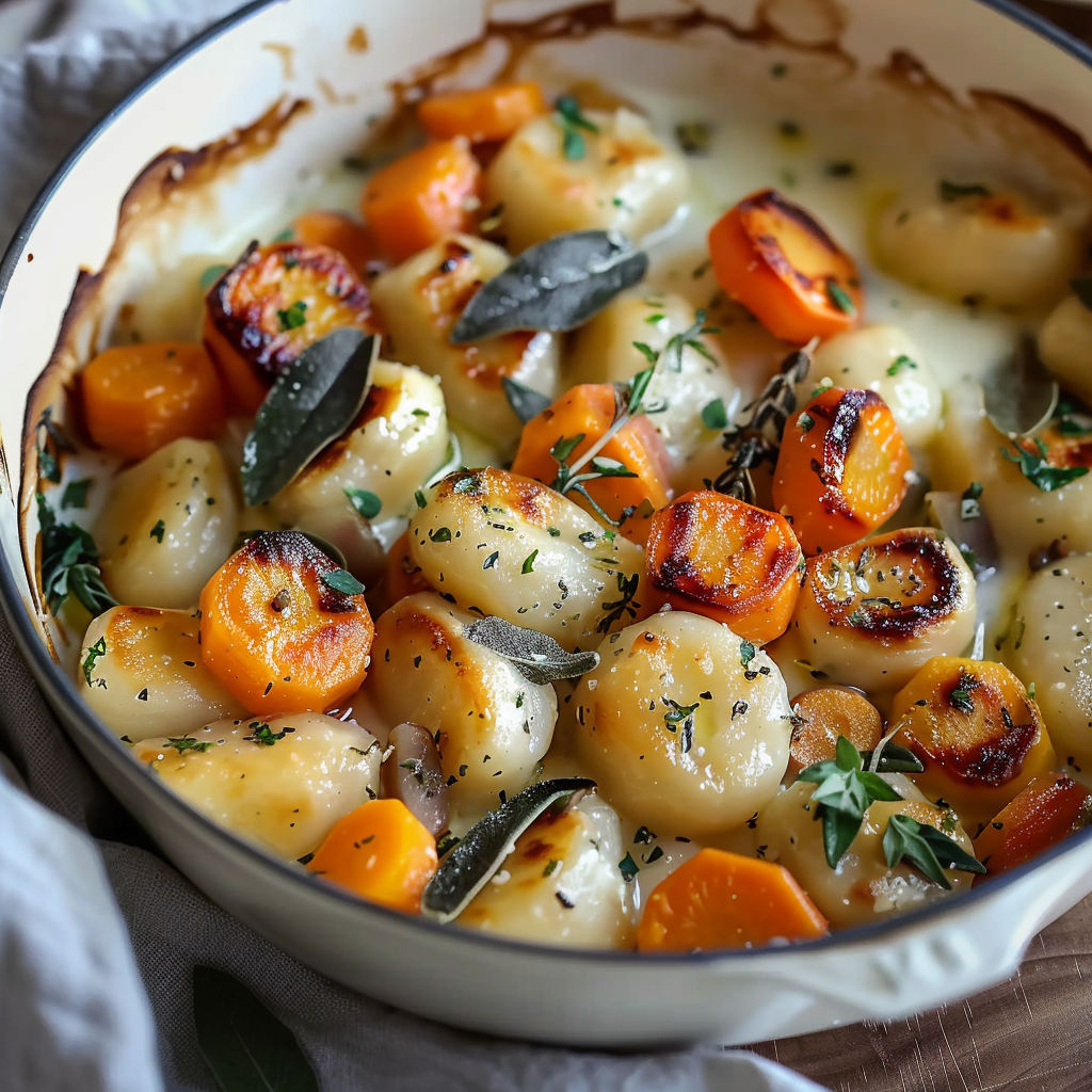 A bowl of gnocchi and winter vegetables with sage cream sauce.