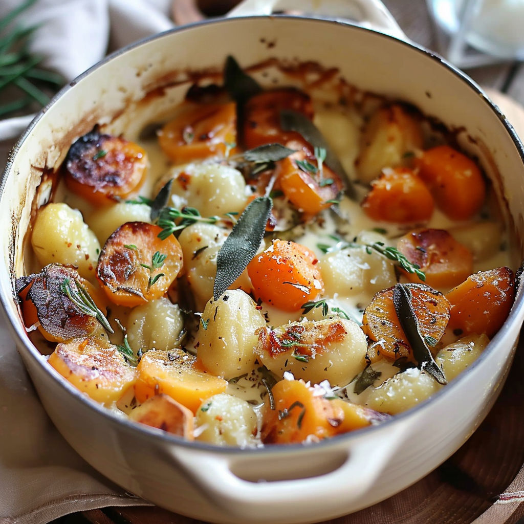 A bowl of gnocchi and winter vegetables with sage cream sauce.