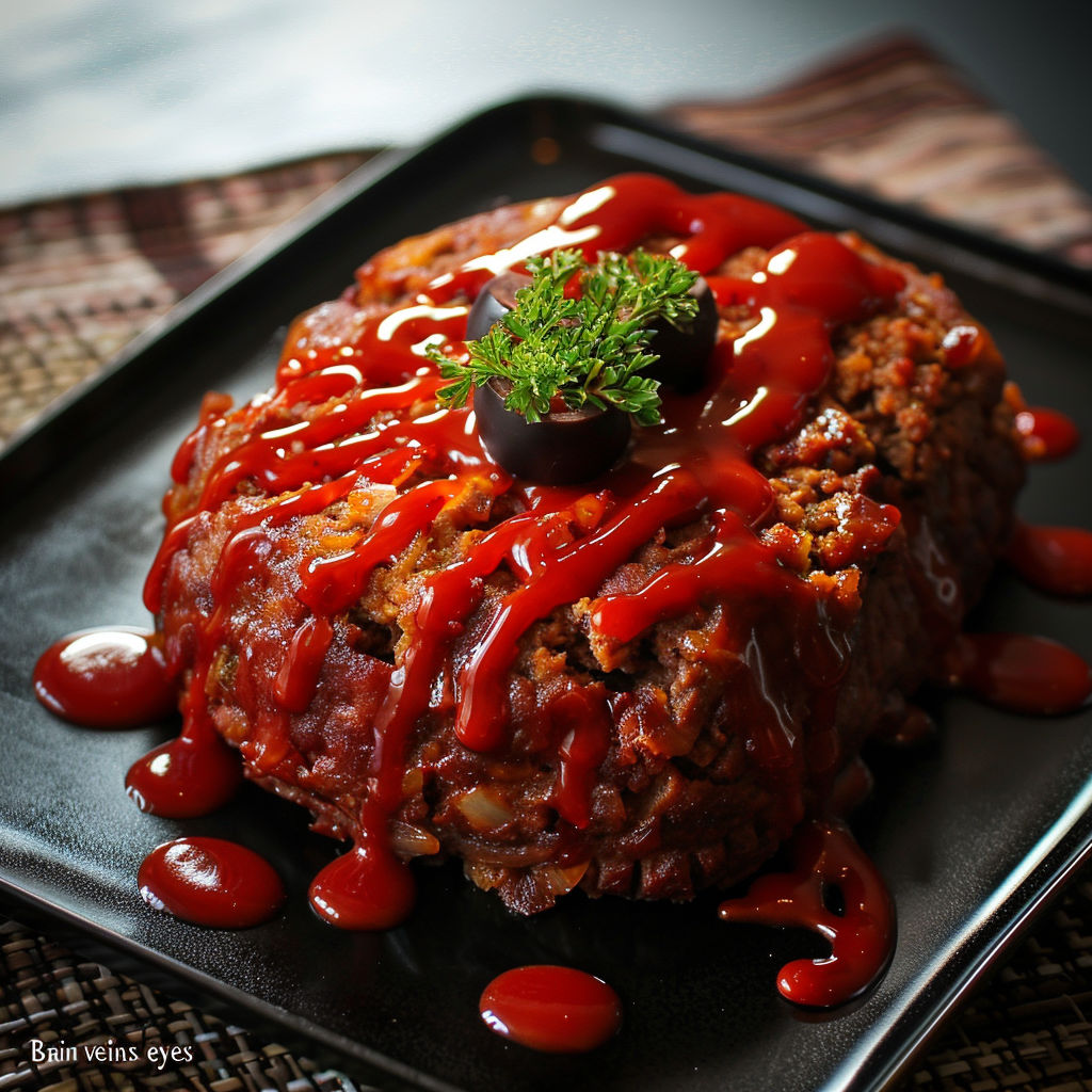 A plate of meatloaf with ketchup on it.