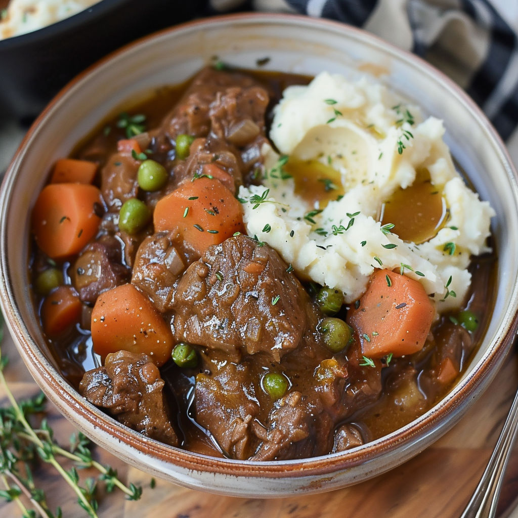 A bowl of Irish stew with mashed potatoes.