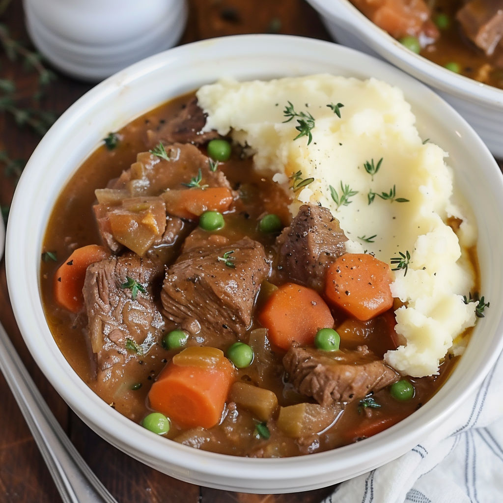 A bowl of Irish stew with mashed potatoes.