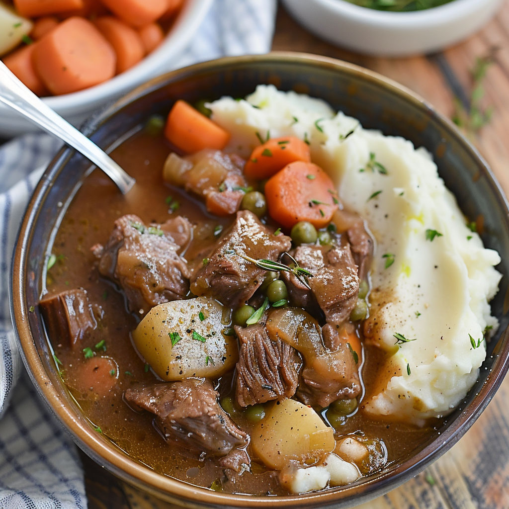 A bowl of Irish stew with mashed potatoes.