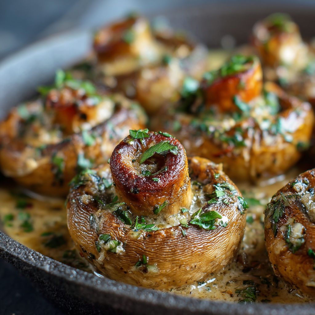 A pan of mushrooms with herbs and butter.
