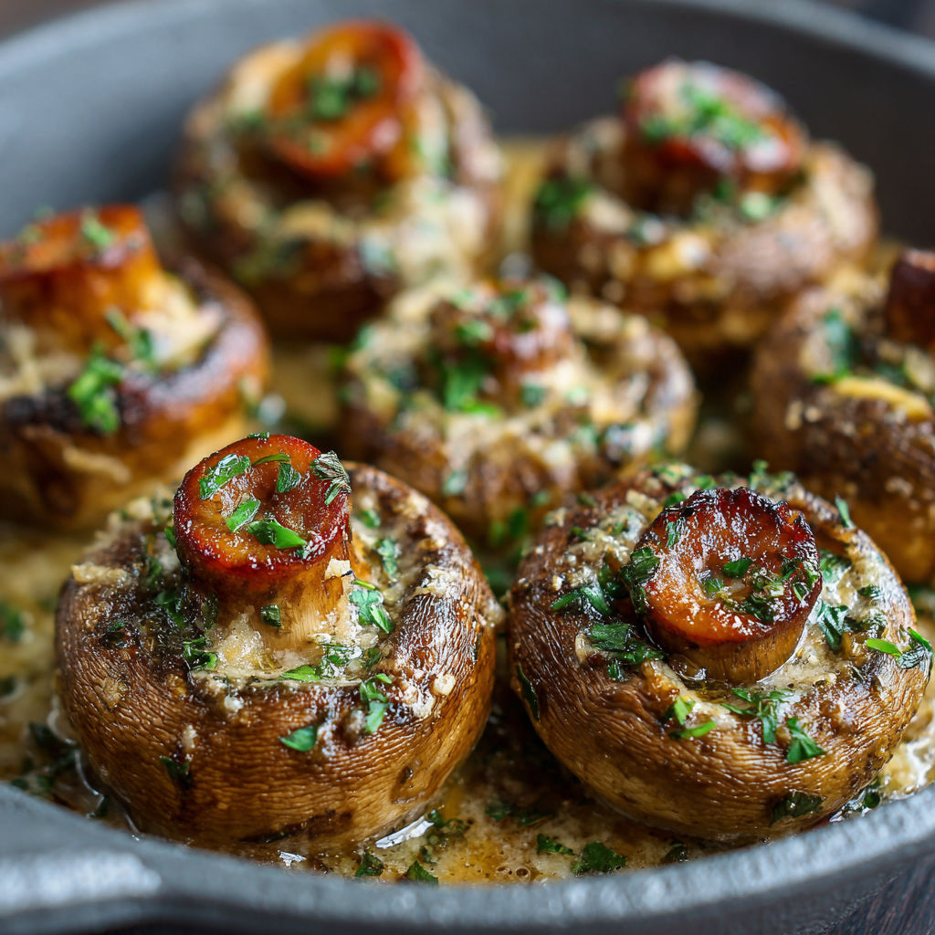 A pan of mushrooms with herbs and butter.