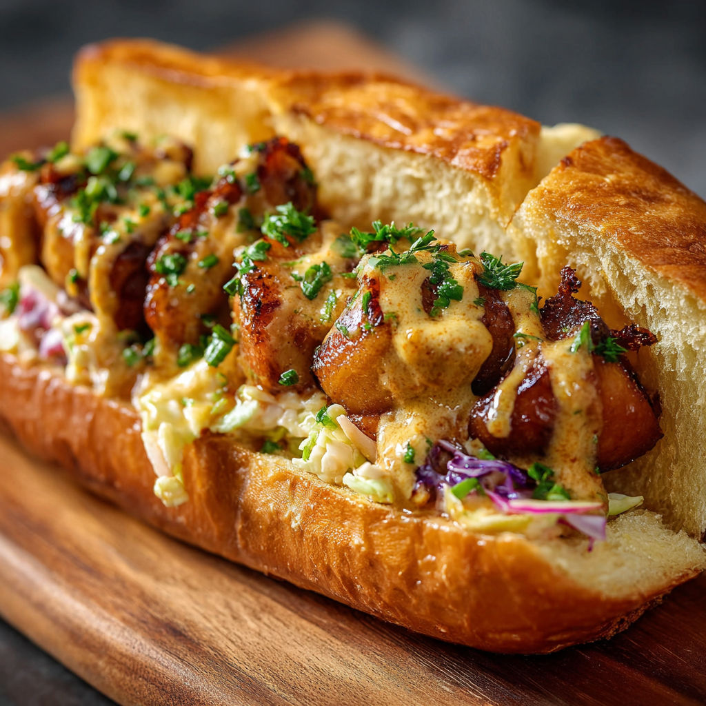 A sandwich with meat and sauce on a wooden table.