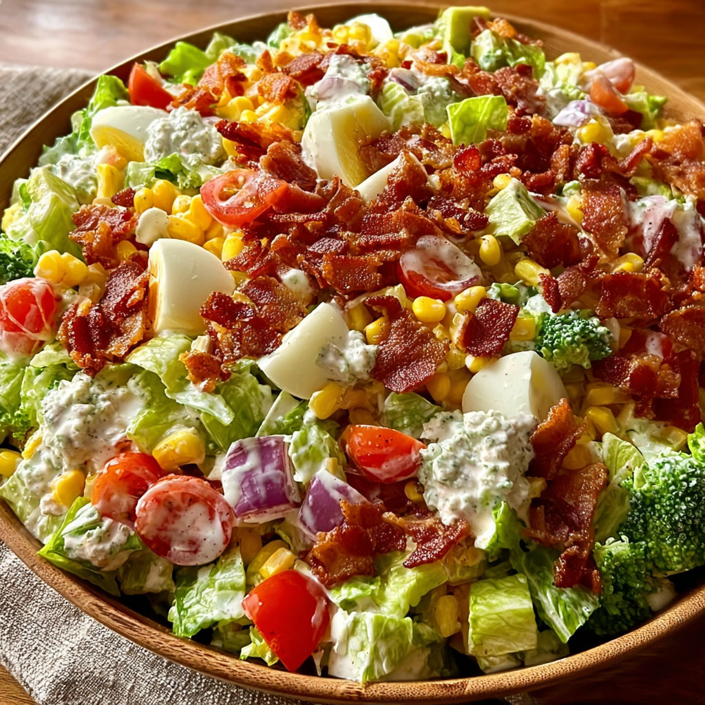 A salad with bacon, corn, tomatoes, and lettuce.