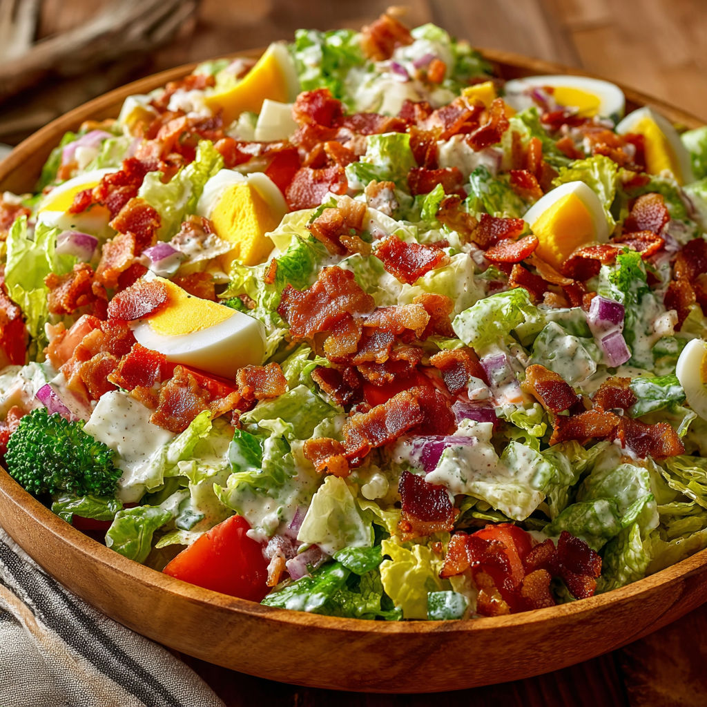 A salad with bacon, eggs, and broccoli.