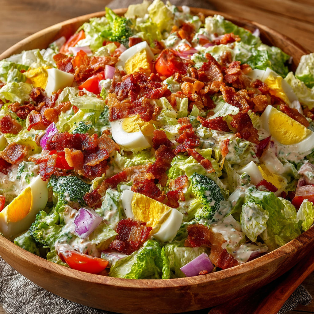 A salad with bacon, eggs, and broccoli.