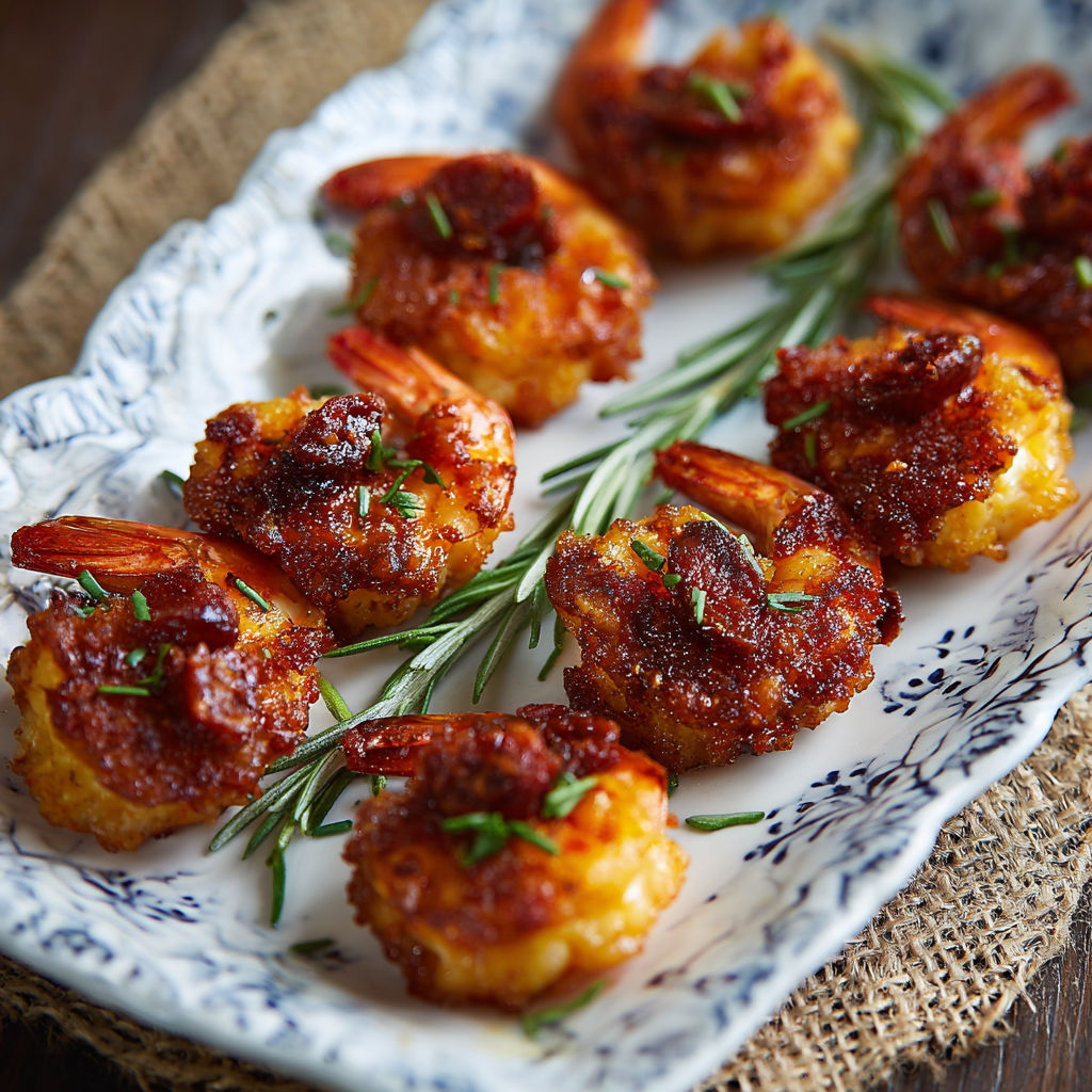 A plate of shrimp and Spanish chorizo bites.