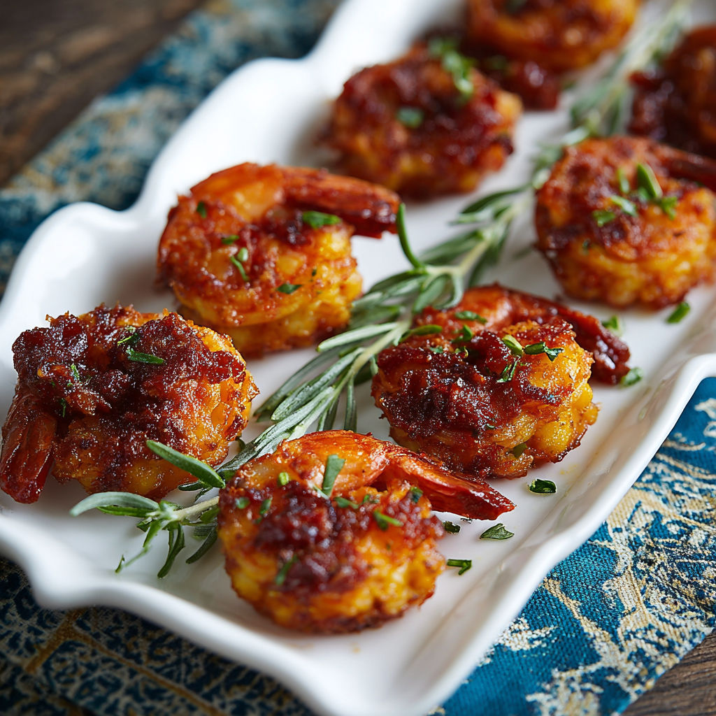 A plate of shrimp with sauce on it.