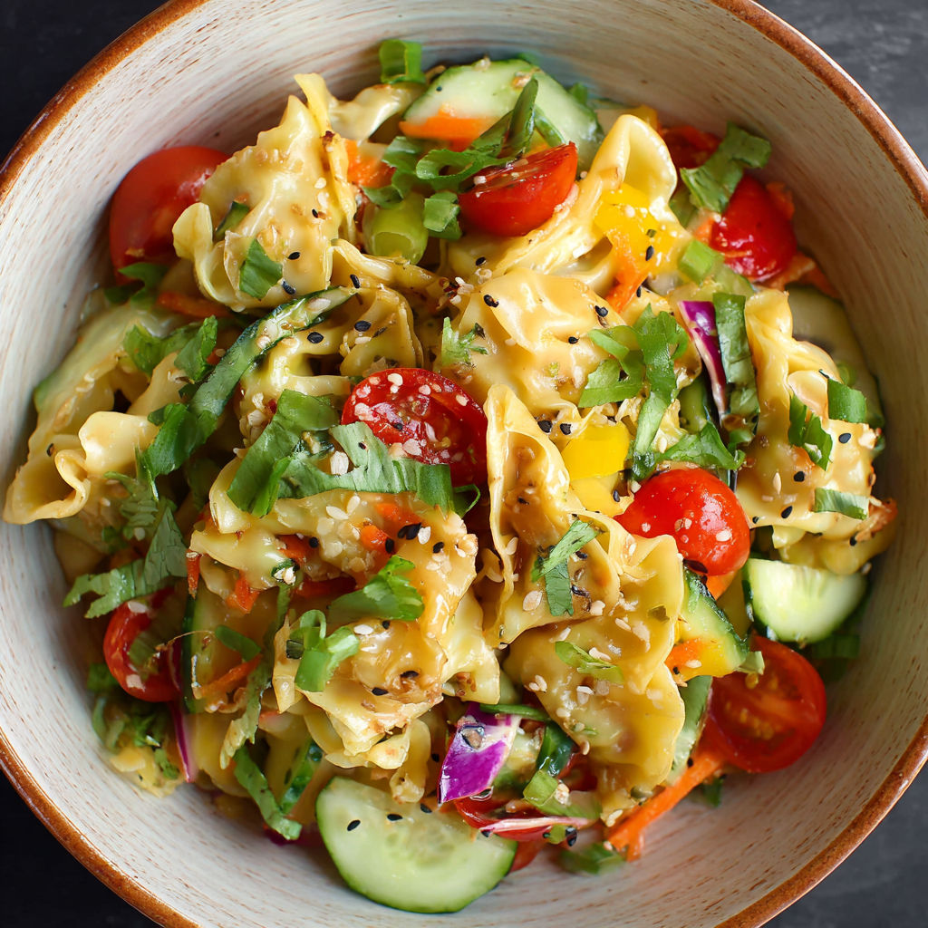 A bowl of pasta salad with tomatoes, cucumbers, and carrots.