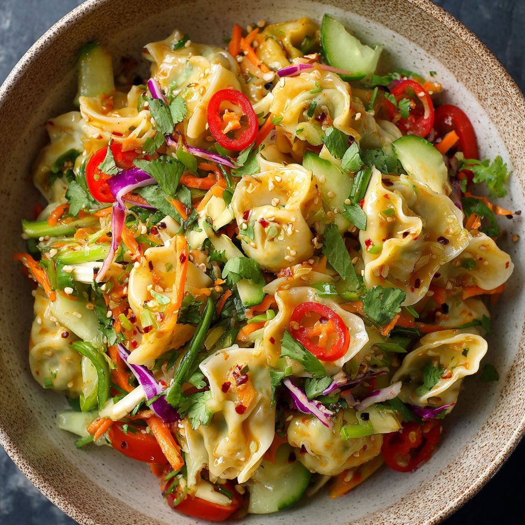 A bowl of pasta salad with vegetables.