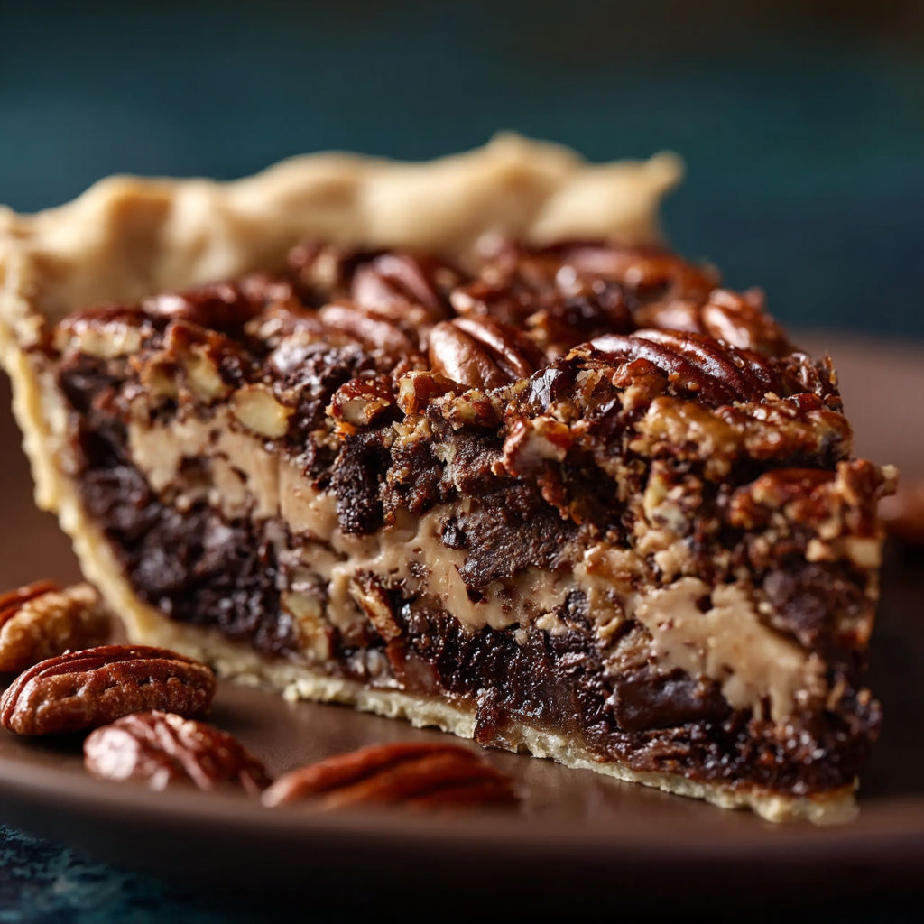 A slice of Texas Chocolate Pecan Pie.