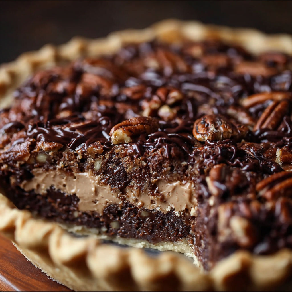 A slice of pie with chocolate and walnuts.