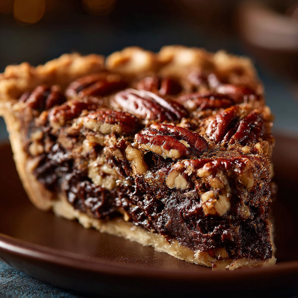 A slice of pie with pecans and chocolate.