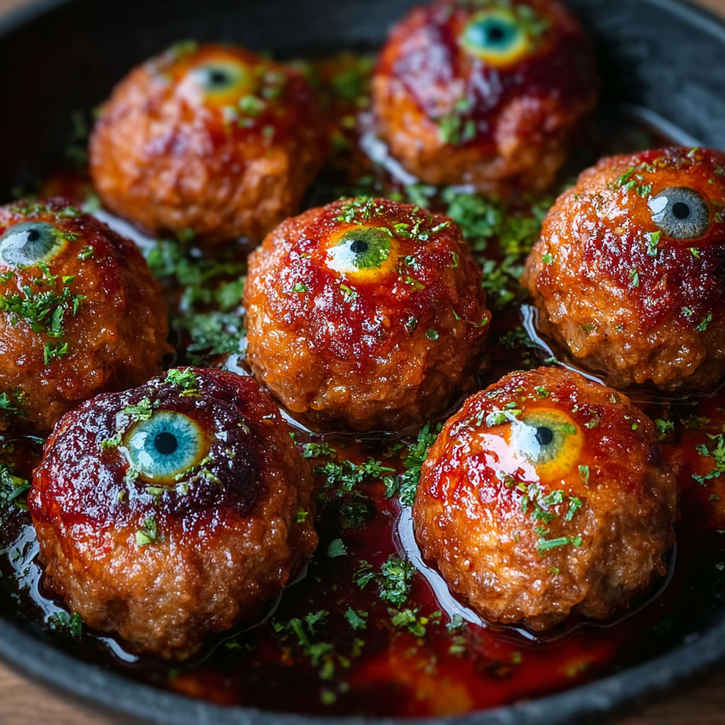 A plate of food with a close up of a meatball with an eye on it.