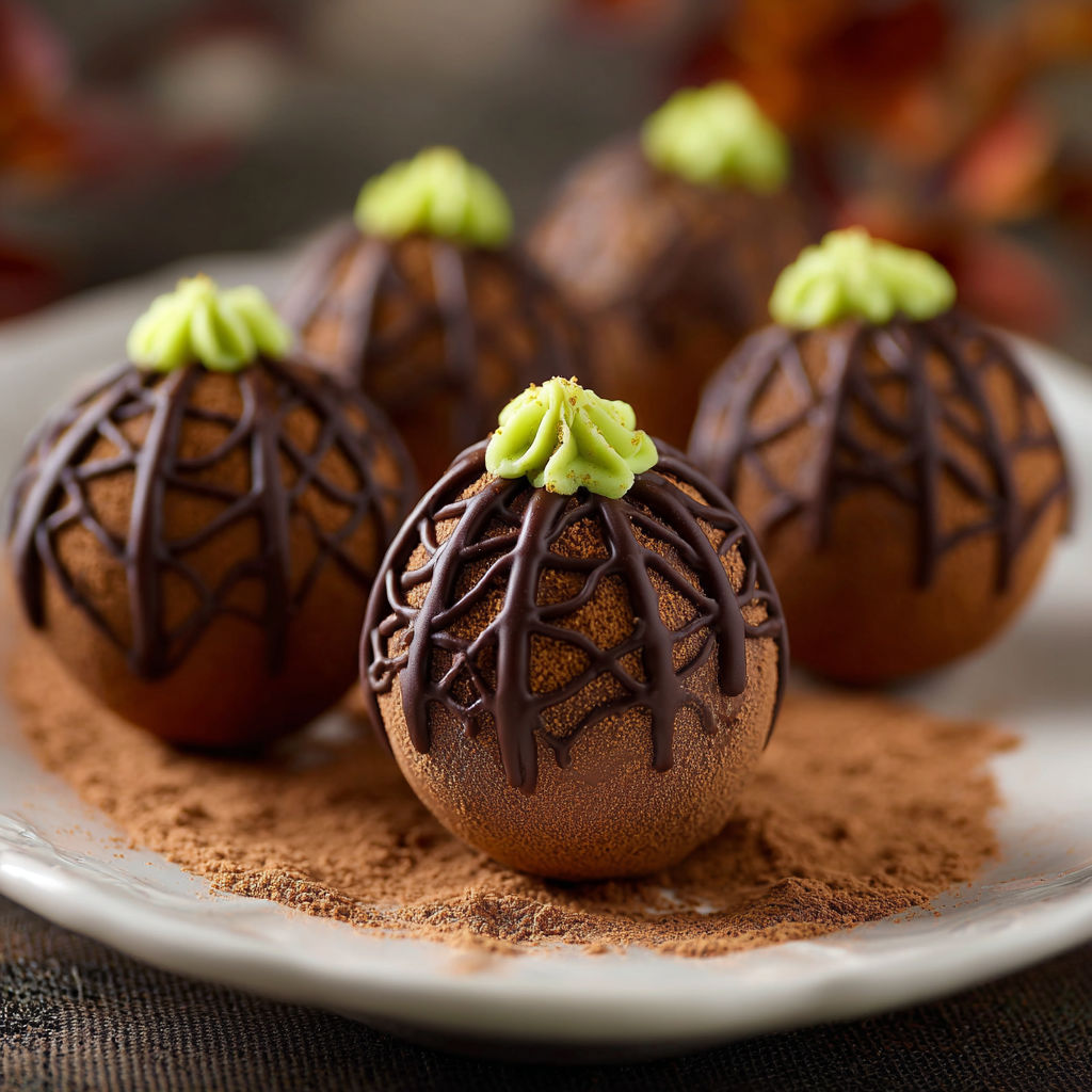 A plate of chocolate covered alien egg cake balls.