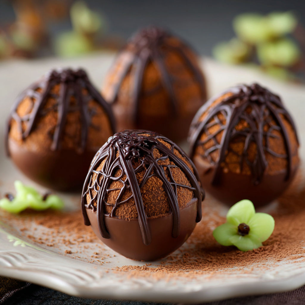 Chocolate covered eggs with chocolate drizzle.