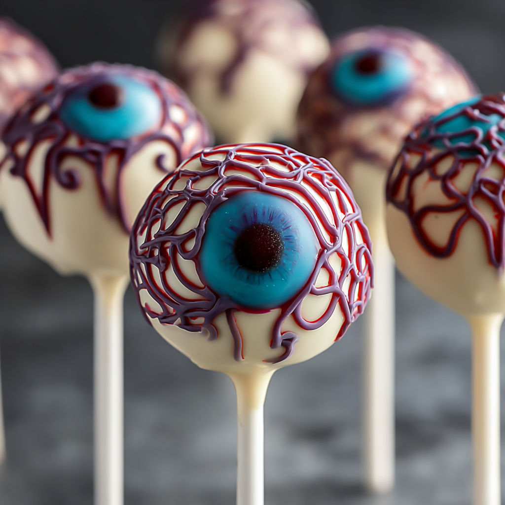 A close up of a chocolate cake with a blue and red eye.