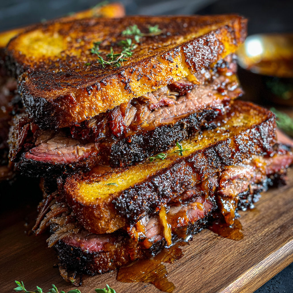 A stack of BBQ brisket melts on a wooden cutting board.