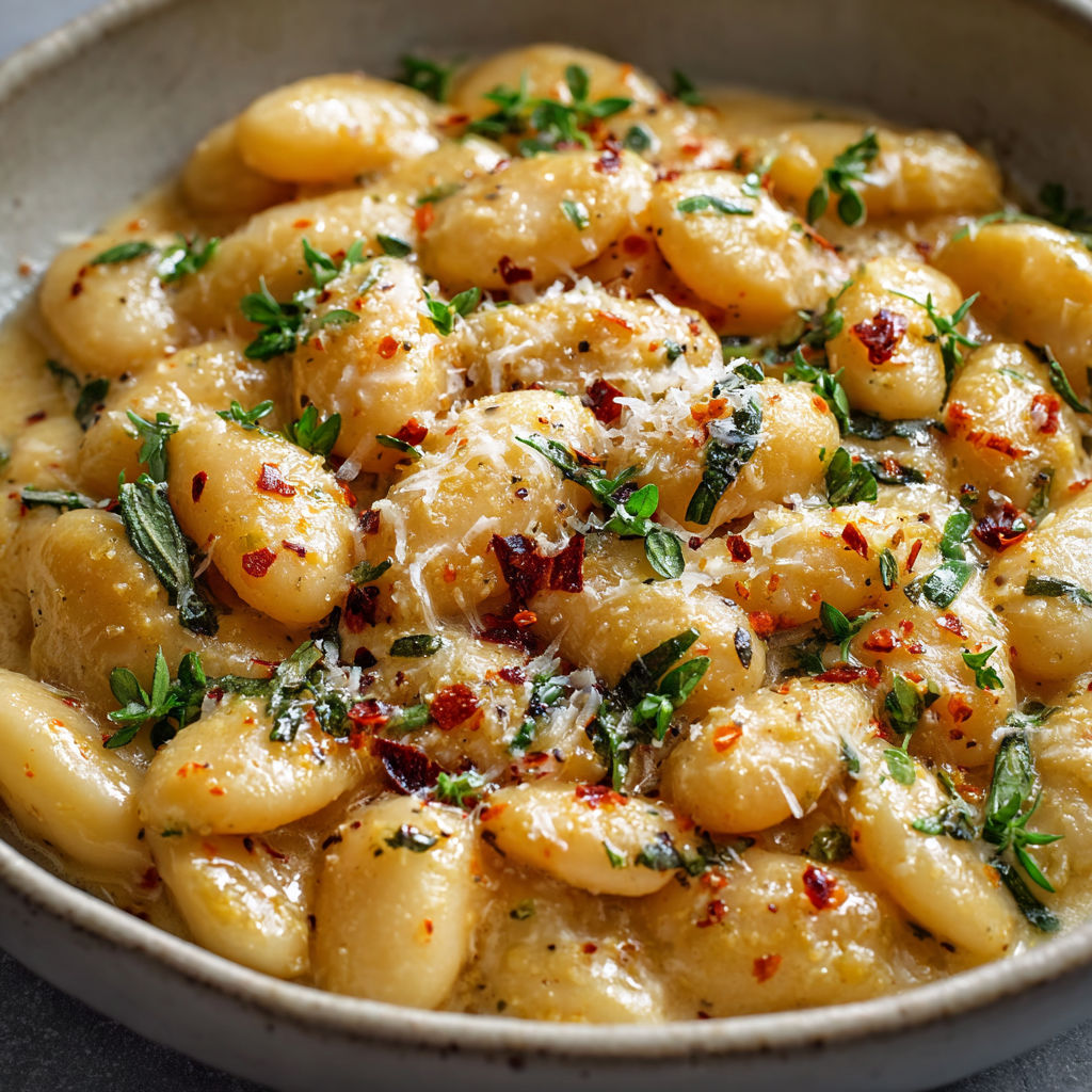A bowl of pasta with cheese and herbs.