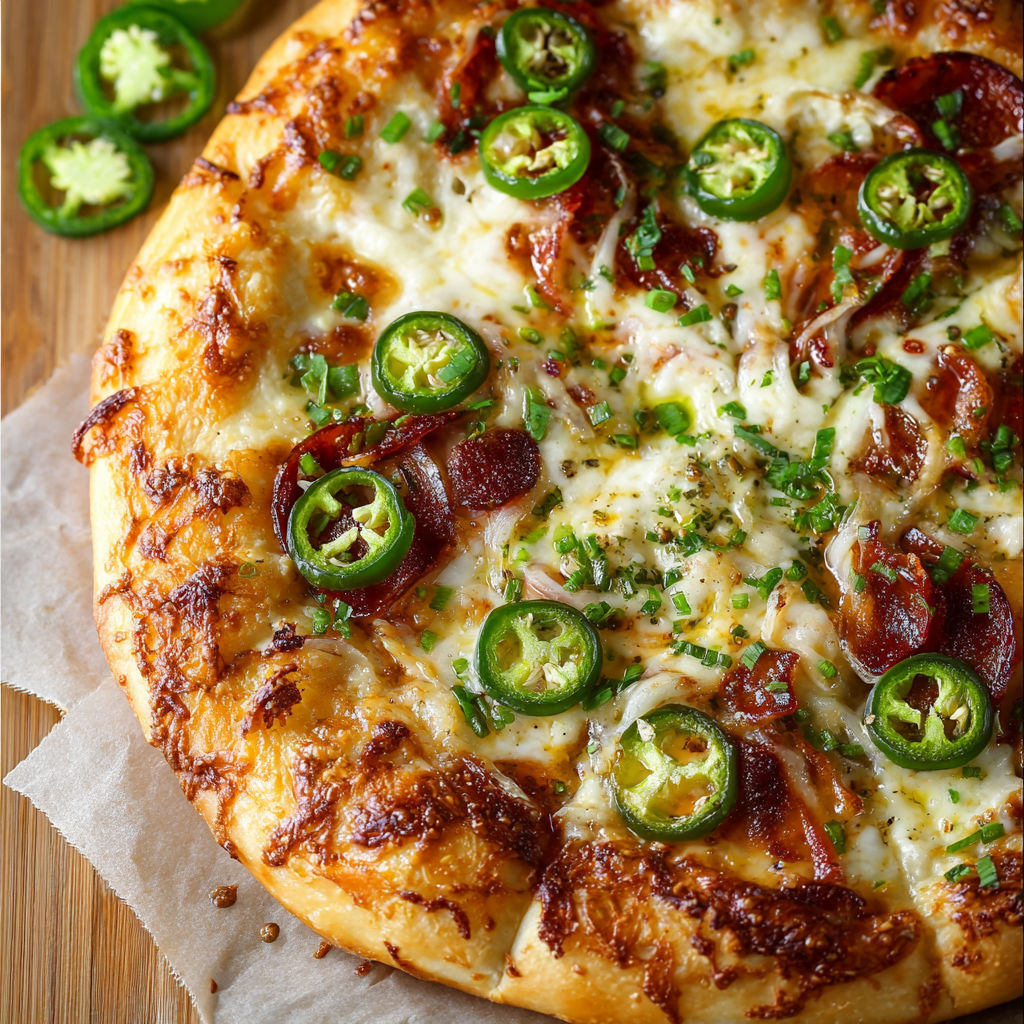A pizza with jalapenos on top.