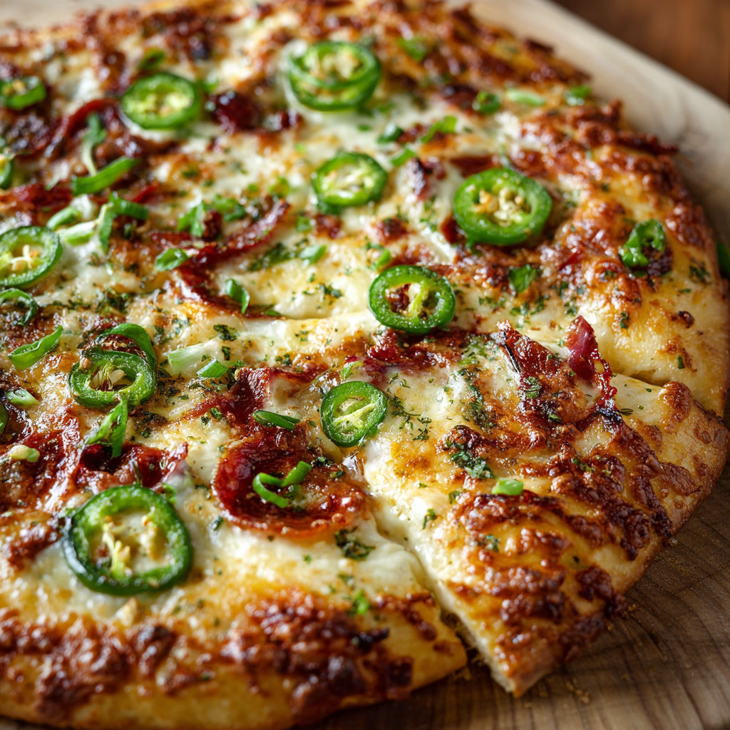 A pizza with peppers on top.